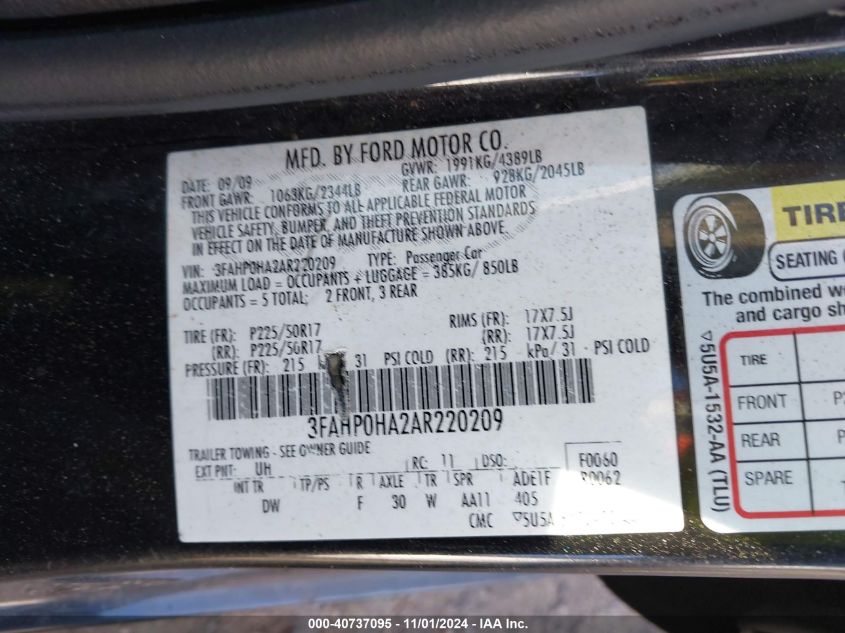 2010 Ford Fusion Se VIN: 3FAHP0HA2AR220209 Lot: 40737095