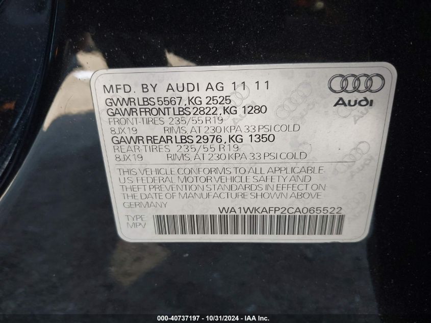 2012 Audi Q5 3.2 Premium VIN: WA1WKAFP2CA065522 Lot: 40737197