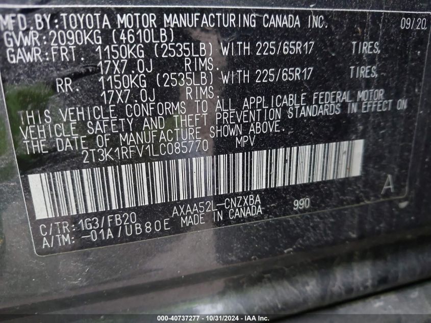 VIN 2T3K1RFV1LC085770 2020 TOYOTA RAV4 no.9