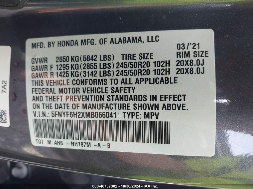 2021 Honda Pilot Awd Special Edition VIN: 5FNYF6H2XMB066041 Lot: 40737302