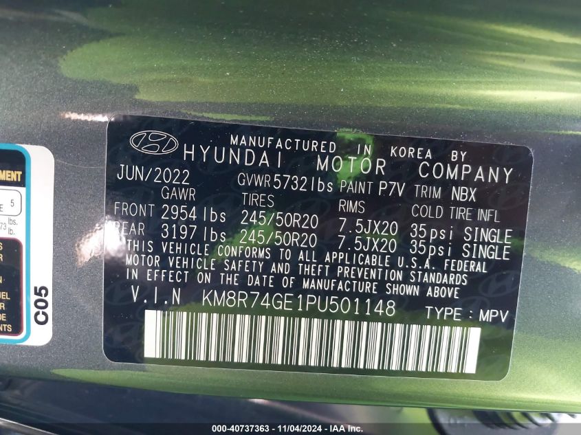 2023 Hyundai Palisade Calligraphy VIN: KM8R74GE1PU501148 Lot: 40737363