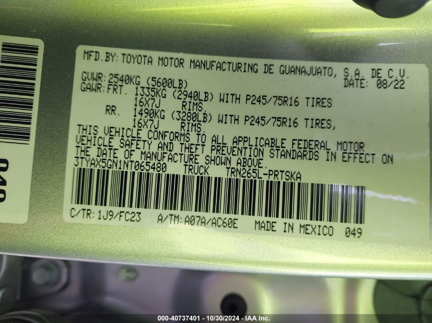 2022 Toyota Tacoma Sr5 VIN: 3TYAX5GN1NT065480 Lot: 40737401