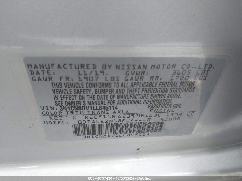 2020 Nissan Versa S Xtronic Cvt VIN: 3N1CN8DV1LL845114 Lot: 40737430