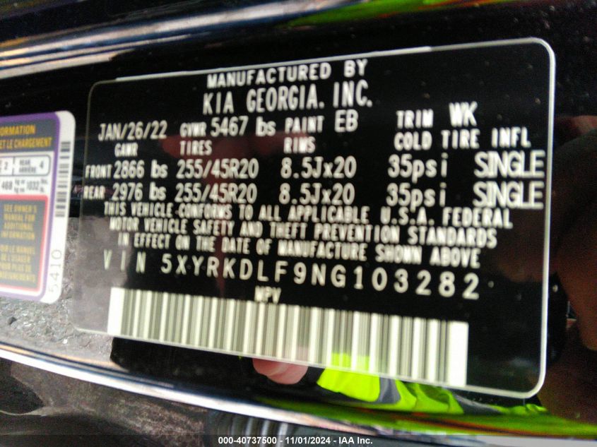 2022 Kia Sorento Sx VIN: 5XYRKDLF9NG103282 Lot: 40737500