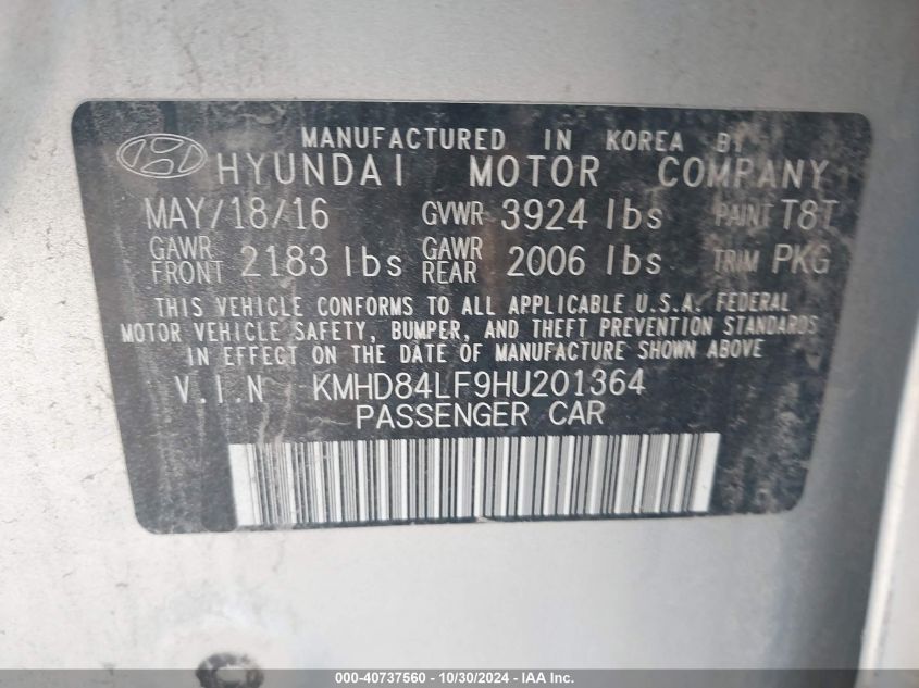 2017 HYUNDAI ELANTRA VIN: KMHD84LF9HU201364