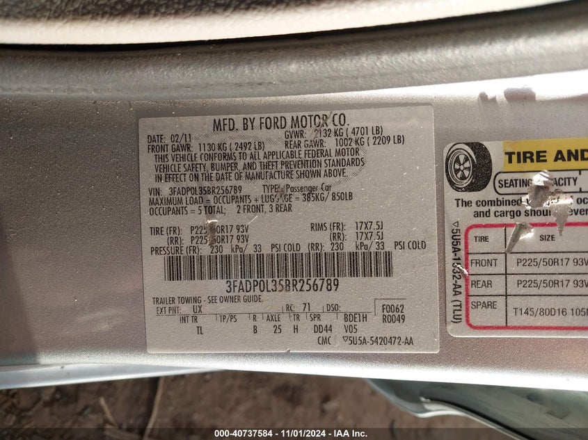 2011 FORD FUSION HYBRID VIN: 3FADP0L35BR256789