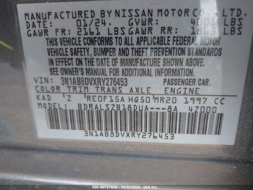 2024 Nissan Sentra Sr Xtronic Cvt VIN: 3N1AB8DVXRY276453 Lot: 40737638