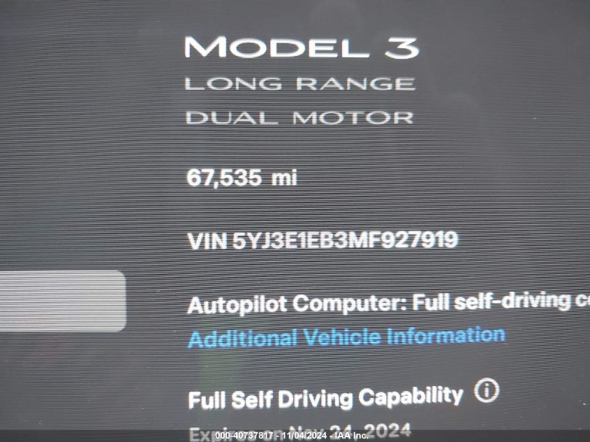 2021 Tesla Model 3 Long Range Dual Motor All-Wheel Drive VIN: 5YJ3E1EB3MF927919 Lot: 40737817