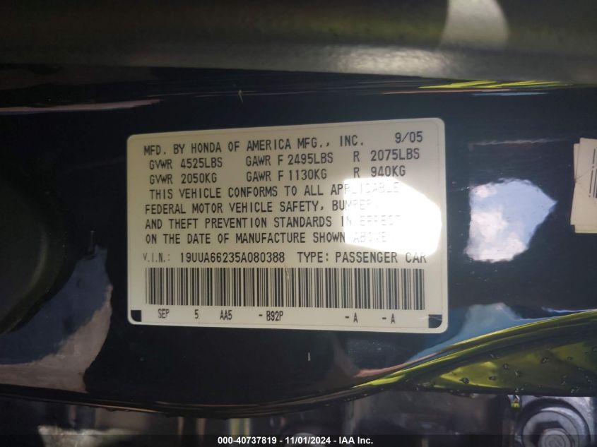 2005 Acura Tl Base W/Nav System (A5) VIN: 19UUA66235A080388 Lot: 40737819