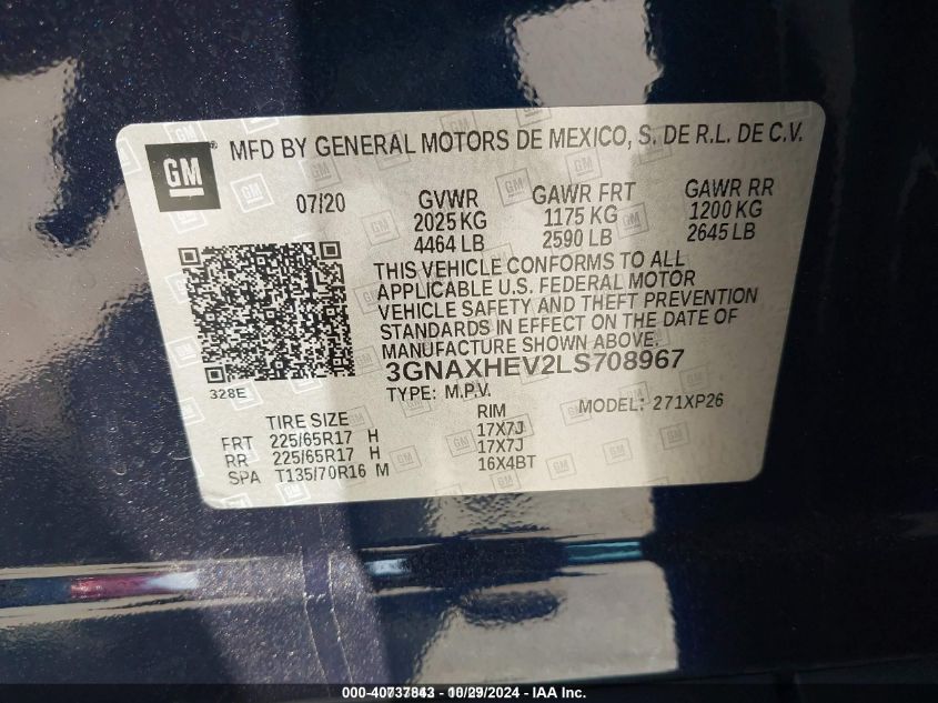 2020 Chevrolet Equinox Fwd Ls VIN: 3GNAXHEV2LS708967 Lot: 40737843