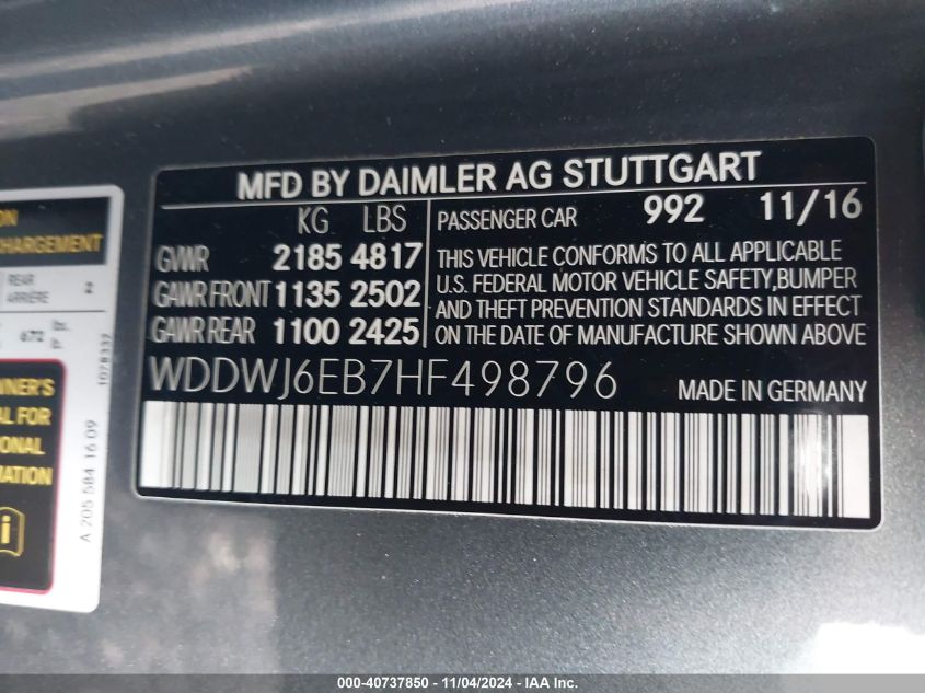 2017 Mercedes-Benz Amg C 43 4Matic VIN: WDDWJ6EB7HF498796 Lot: 40737850