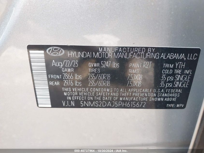 2023 Hyundai Santa Fe Sel VIN: 5NMS2DAJ5PH615672 Lot: 40737964