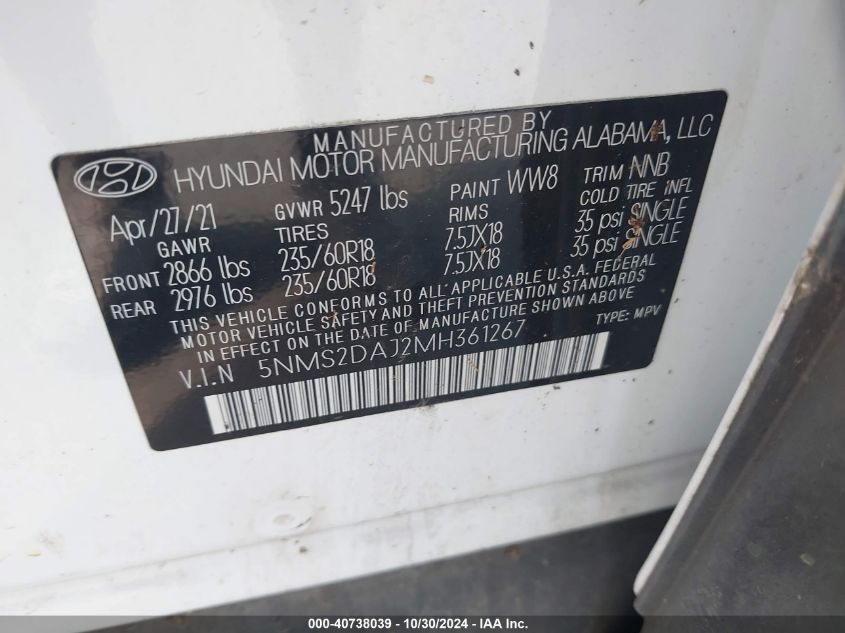 2021 Hyundai Santa Fe Sel VIN: 5NMS2DAJ2MH361267 Lot: 40738039