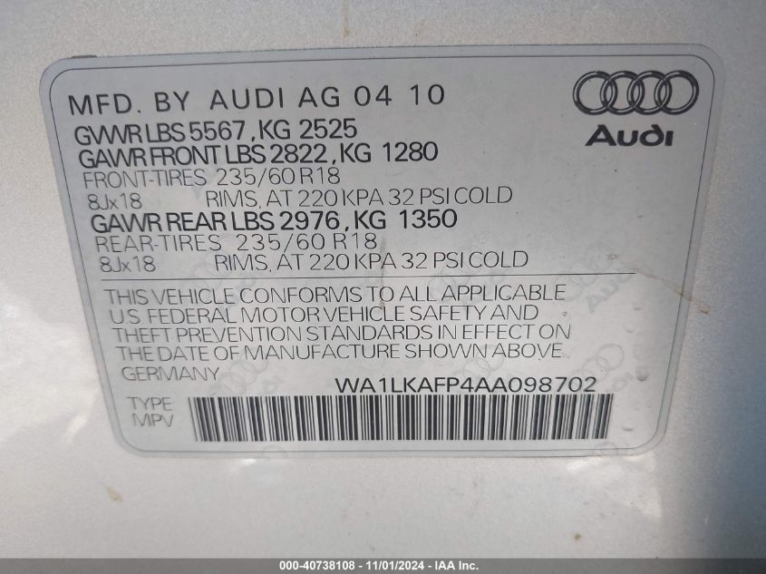 2010 Audi Q5 3.2 Premium VIN: WA1LKAFP4AA098702 Lot: 40738108