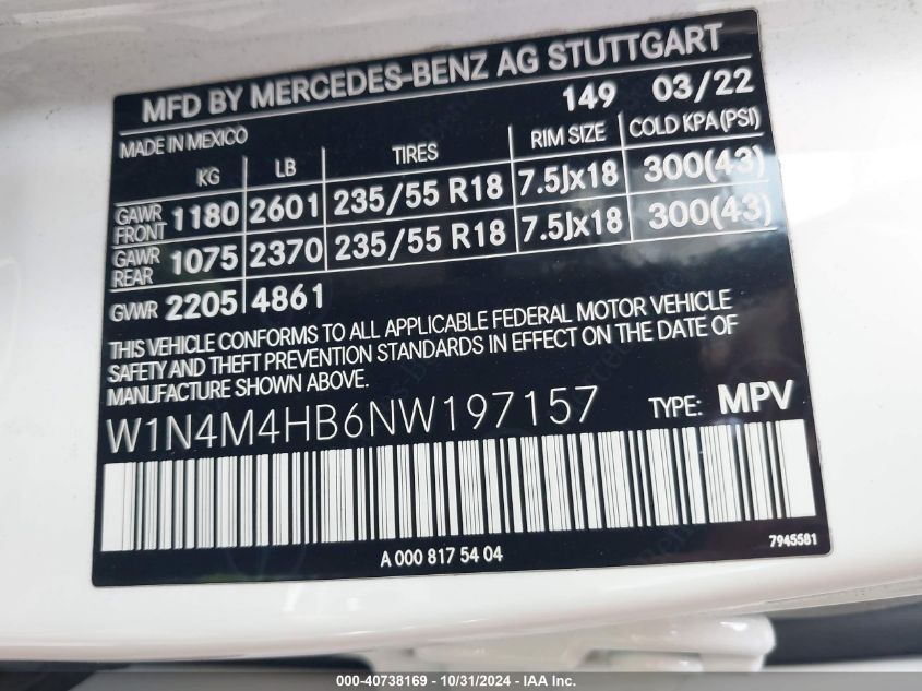 2022 Mercedes-Benz Glb 250 4Matic VIN: W1N4M4HB6NW197157 Lot: 40738169