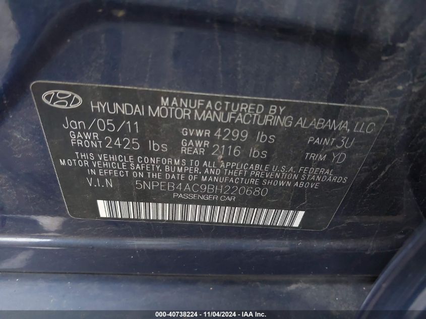 2011 Hyundai Sonata Gls VIN: 5NPEB4AC9BH220680 Lot: 40738224