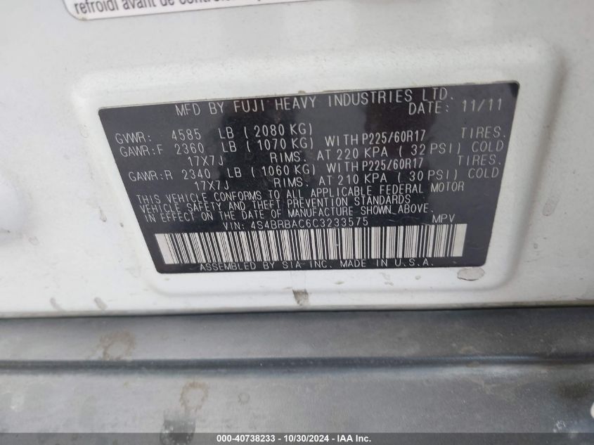 2012 Subaru Outback 2.5I VIN: 4S4BRBAC6C3233575 Lot: 40738233