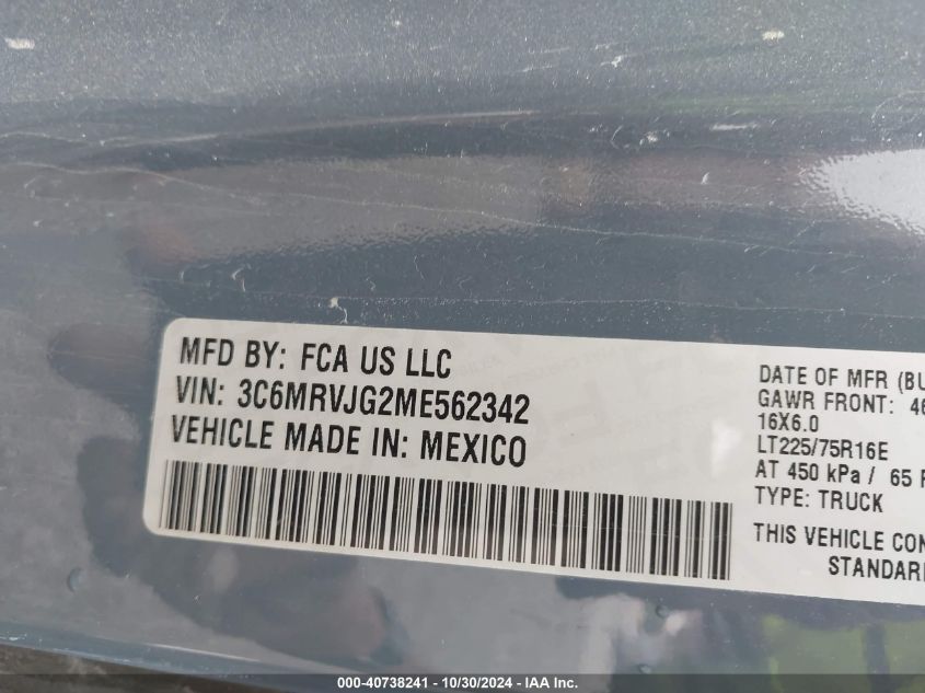 2021 Ram Promaster 3500 Cargo Van High Roof 159 Wb Ext VIN: 3C6MRVJG2ME562342 Lot: 40738241