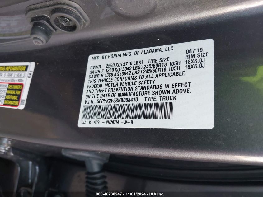 2019 HONDA RIDGELINE RTL - 5FPYK2F53KB008410