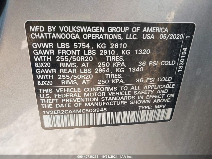 2021 Volkswagen Atlas 3.6L V6 Sel VIN: 1V2ER2CA4MC503948 Lot: 40738275