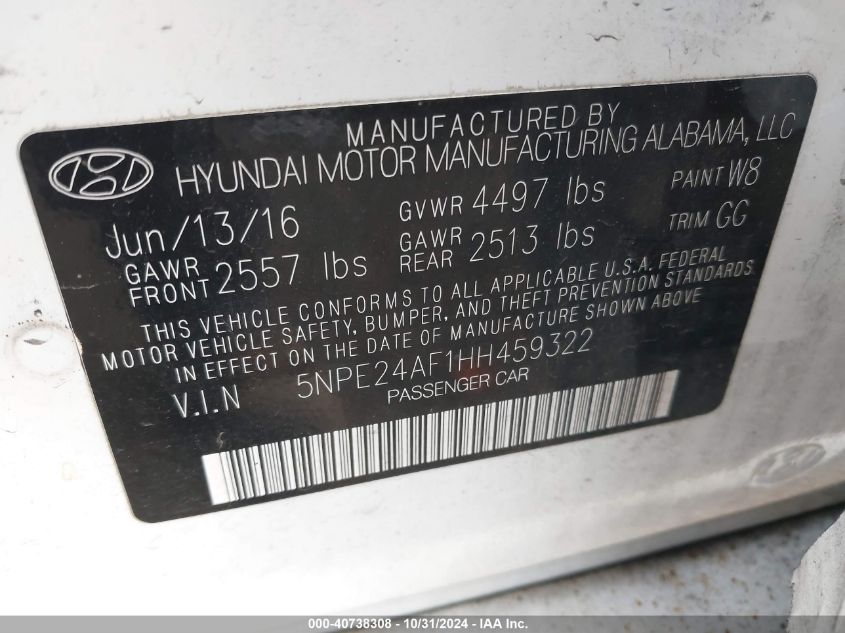 2017 Hyundai Sonata VIN: 5NPE24AF1HH459322 Lot: 40738308