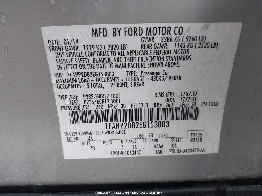 2014 Ford Taurus Se VIN: 1FAHP2D82EG153803 Lot: 40738344