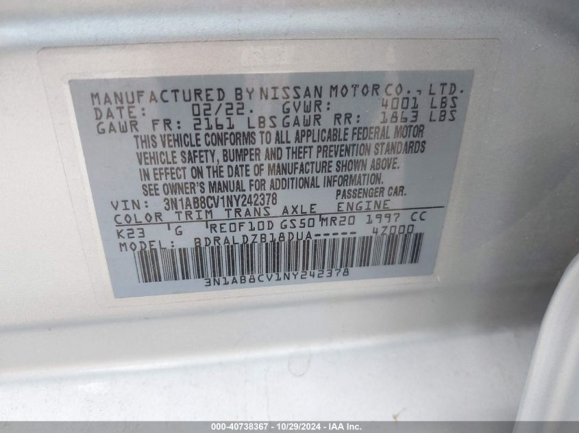 2022 Nissan Sentra Sv Xtronic Cvt VIN: 3N1AB8CV1NY242378 Lot: 40738367