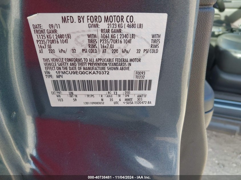 2012 Ford Escape Limited VIN: 1FMCU9EG0CKA70372 Lot: 40738481