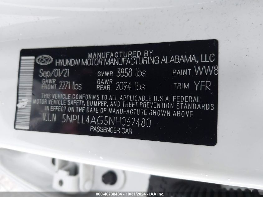 2022 Hyundai Elantra Se VIN: 5NPLL4AG5NH062480 Lot: 40738484