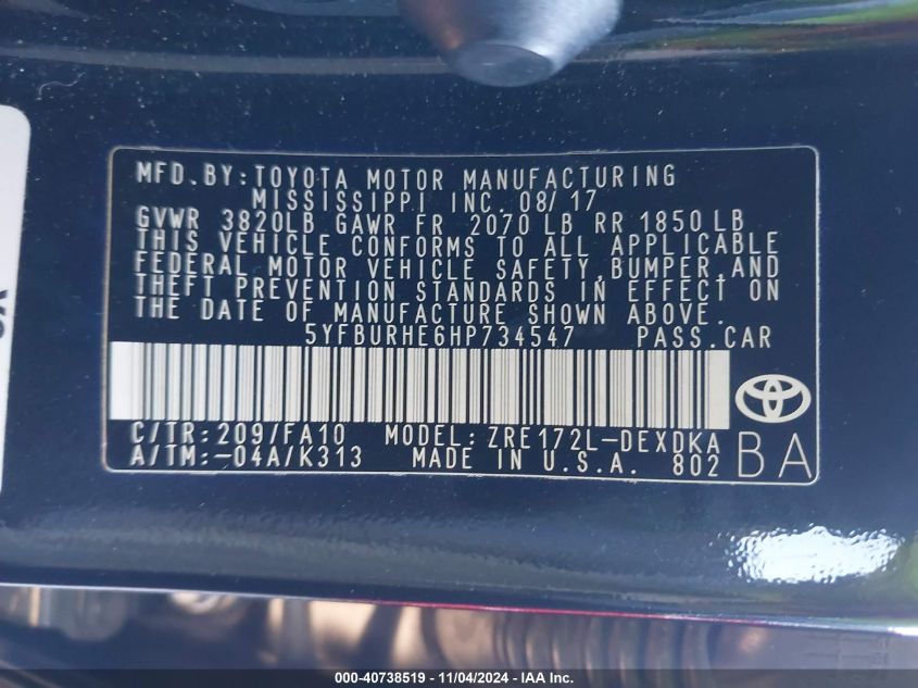 2017 TOYOTA COROLLA VIN: 5YFBURHE6HP734547