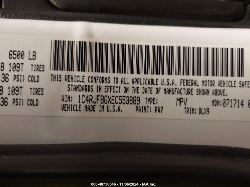 2014 Jeep Grand Cherokee Limited VIN: 1C4RJFBGXEC553889 Lot: 40738546