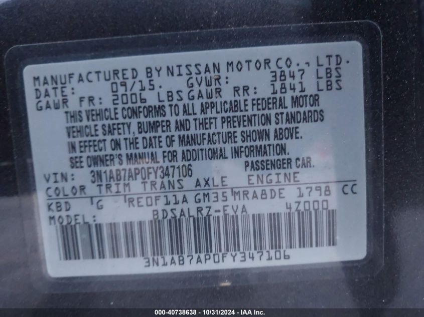 2015 Nissan Sentra Sr VIN: 3N1AB7AP0FY347106 Lot: 40738638