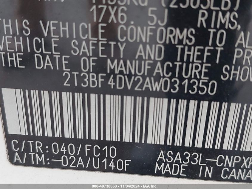 2010 Toyota Rav4 VIN: 2T3BF4DV2AW031350 Lot: 40738660