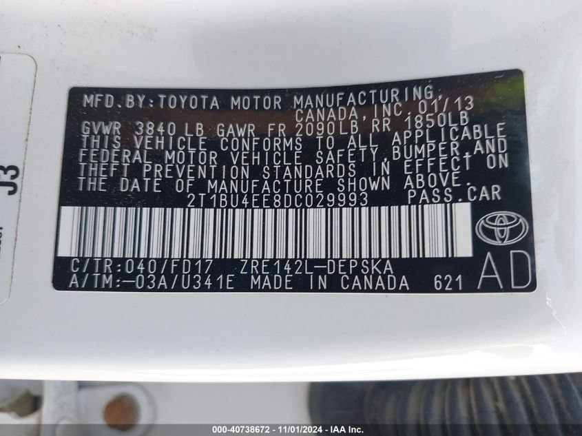 2013 Toyota Corolla S VIN: 2T1BU4EE8DC029993 Lot: 40738672