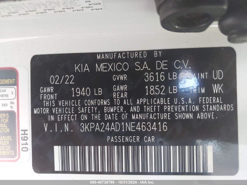 VIN 3KPA24AD1NE463416 2022 KIA Rio, LX no.9