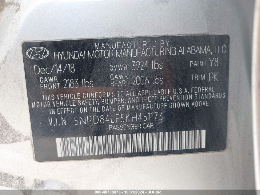 2019 HYUNDAI ELANTRA SEL - 5NPD84LF5KH451173