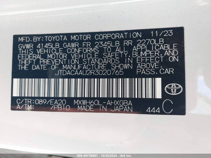 VIN JTDACAAU2R3020765 2024 Toyota Prius, Xle no.9