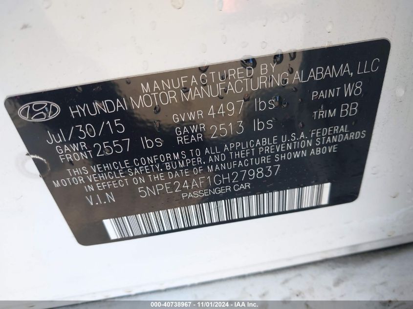 2016 Hyundai Sonata Se VIN: 5NPE24AF1GH279837 Lot: 40738967