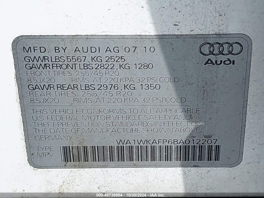 2011 Audi Q5 3.2 Premium Plus VIN: WA1WKAFP6BA012207 Lot: 40738984