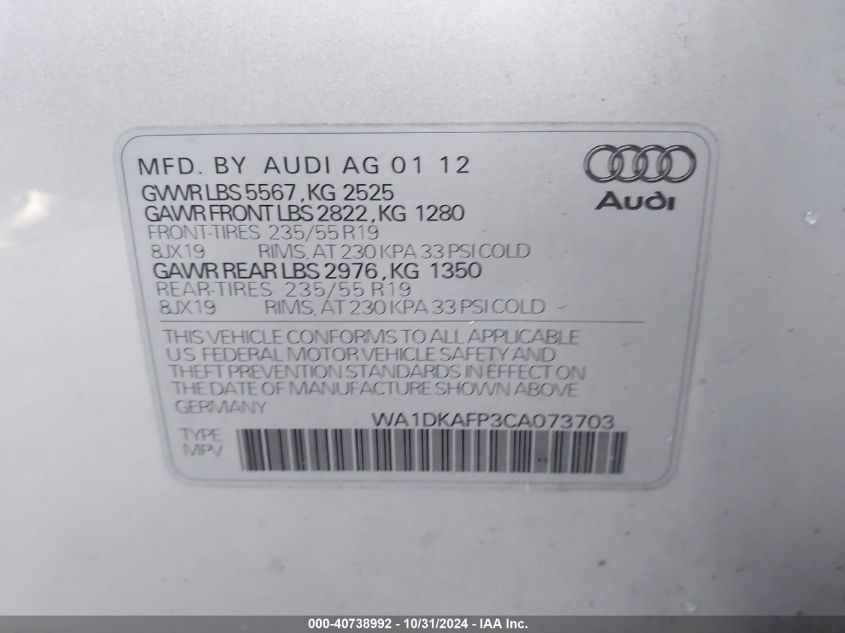 2012 Audi Q5 3.2 Premium Plus VIN: WA1DKAFP3CA073703 Lot: 40738992