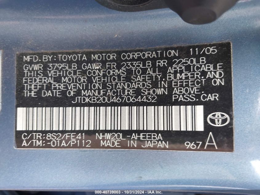 2006 Toyota Prius VIN: JTDKB20U467064432 Lot: 40739003