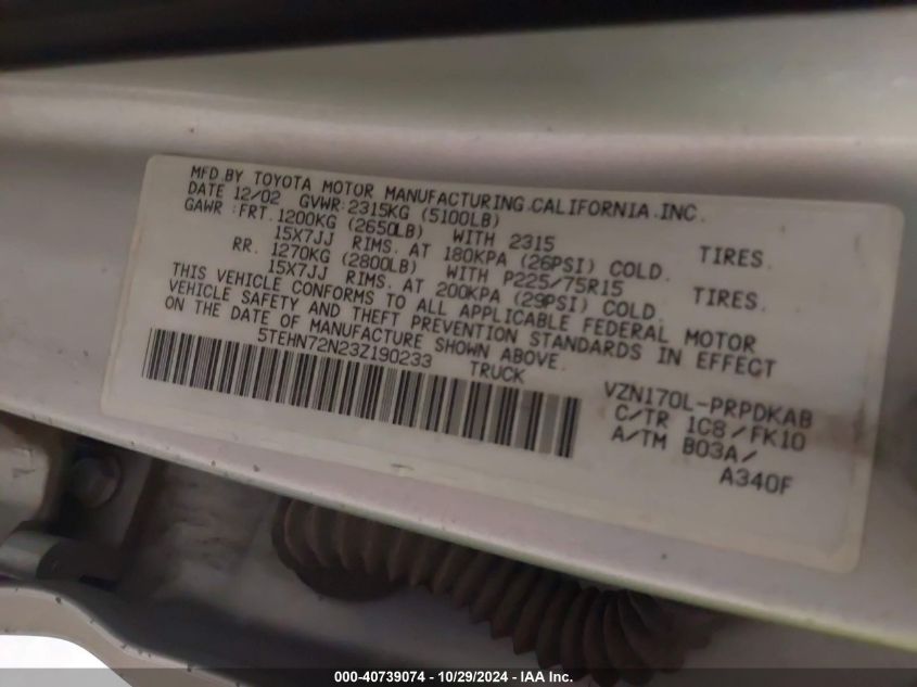 2003 Toyota Tacoma Base V6 VIN: 5TEHN72N23Z190233 Lot: 40739074