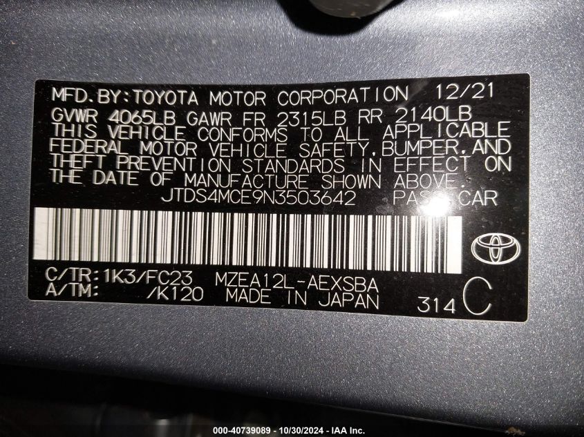 2022 Toyota Corolla Se VIN: JTDS4MCE9N3503642 Lot: 40739089