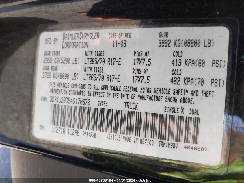 2004 Dodge Ram 2500 St/Slt VIN: 3B7KU28D54G170670 Lot: 40739104