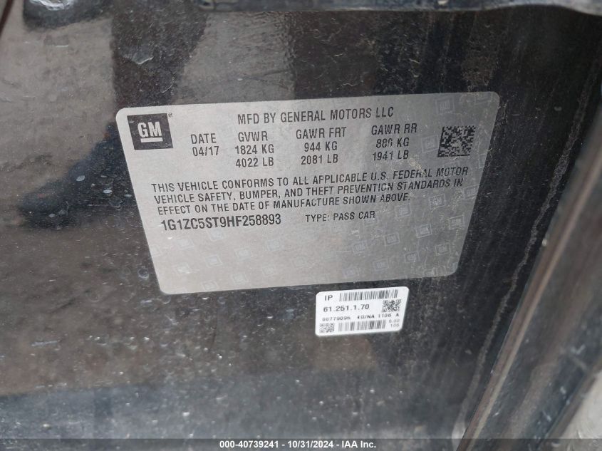 2017 CHEVROLET MALIBU VIN: 1G1ZC5ST9HF258893