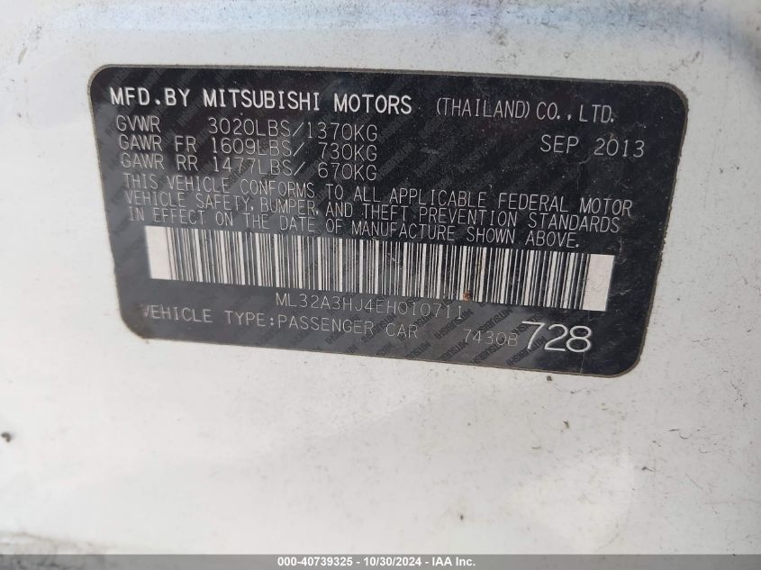 2014 Mitsubishi Mirage De VIN: ML32A3HJ4EH010711 Lot: 40739325