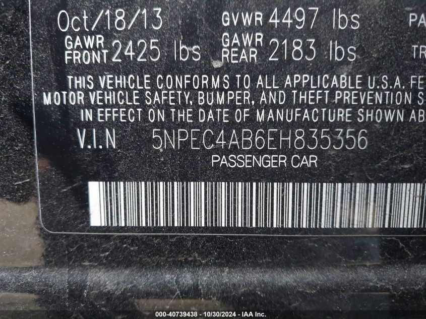 2014 Hyundai Sonata Limited VIN: 5NPEC4AB6EH835356 Lot: 40739438