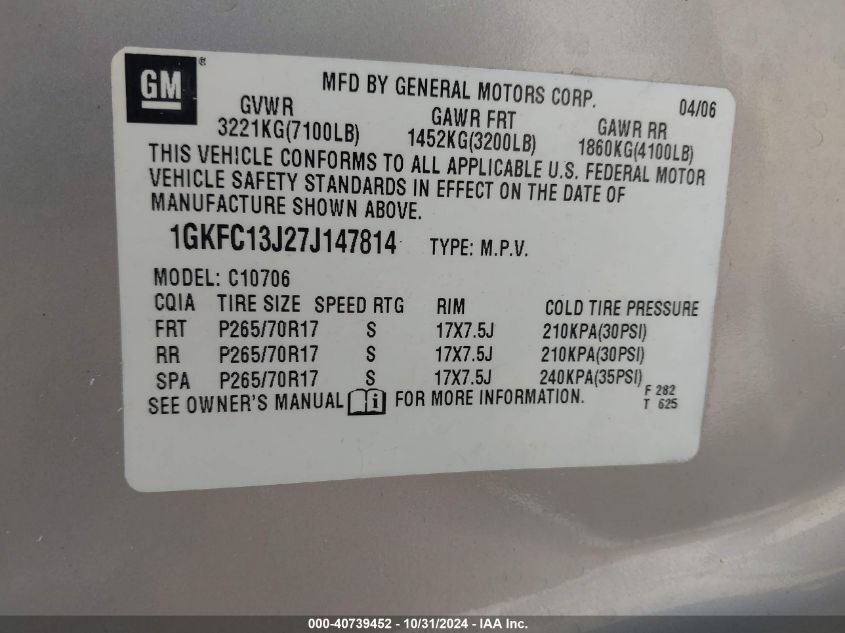 2007 GMC Yukon Sle VIN: 1GKFC13J27J147814 Lot: 40739452