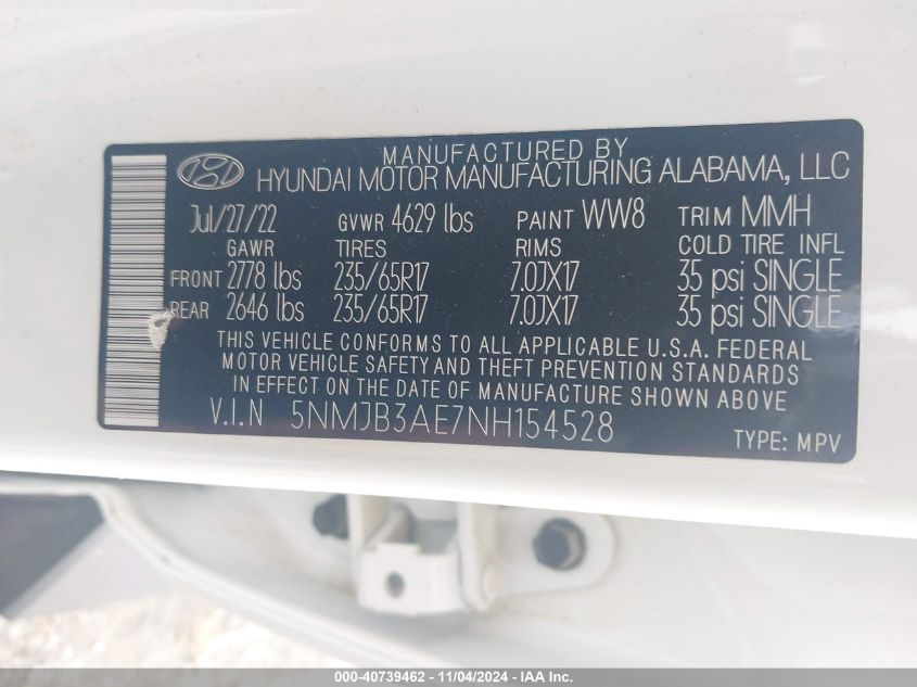 2022 Hyundai Tucson Sel VIN: 5NMJB3AE7NH154528 Lot: 40739462