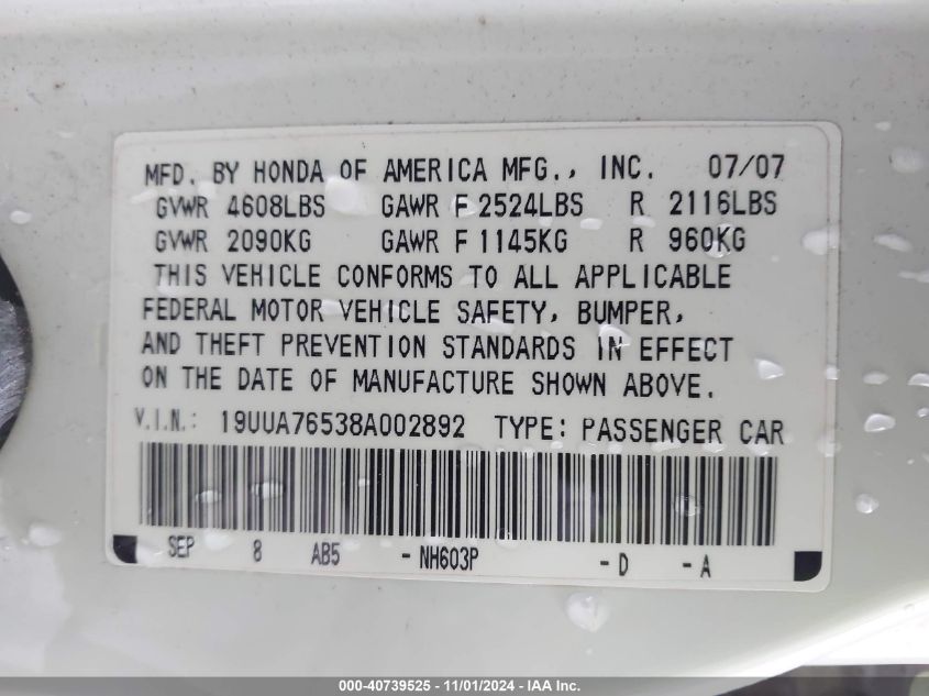 2008 Acura Tl Type S VIN: 19UUA76538A002892 Lot: 40739525